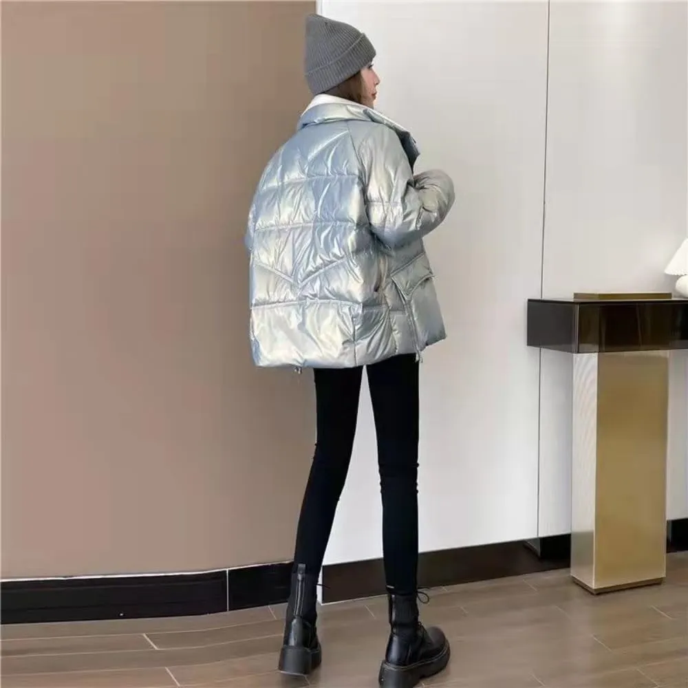 Women's Shiny Coat Solid Long Sleeve Zipper Puffer Jacket Winter Quilted Short Down Warm Coat with Pockets