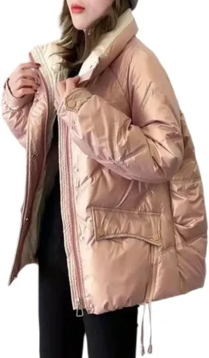 Women's Shiny Coat Solid Long Sleeve Zipper Puffer Jacket Winter Quilted Short Down Warm Coat with Pockets