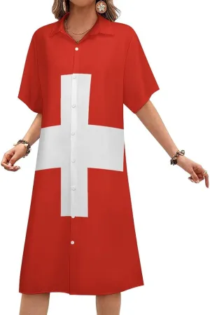 Women's Short Sleeve Collared Simple Button Down Shirt Dress 2025 Summer British Flag Long Dresses