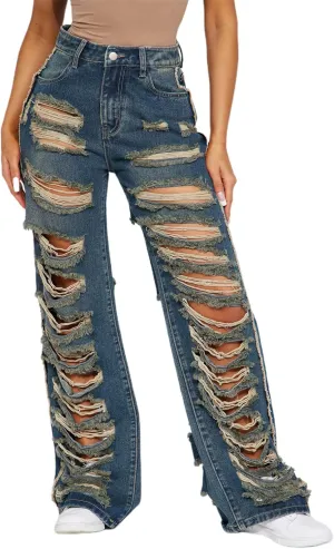 Women's Skinny Ripped Jeans Stretch Destroyed High Waist Denim Pants