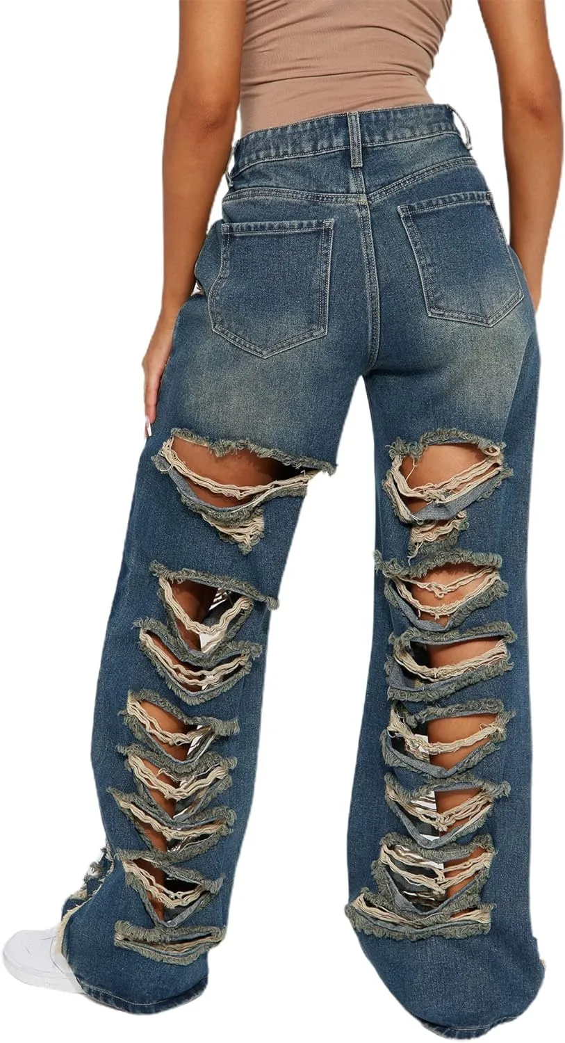 Women's Skinny Ripped Jeans Stretch Destroyed High Waist Denim Pants