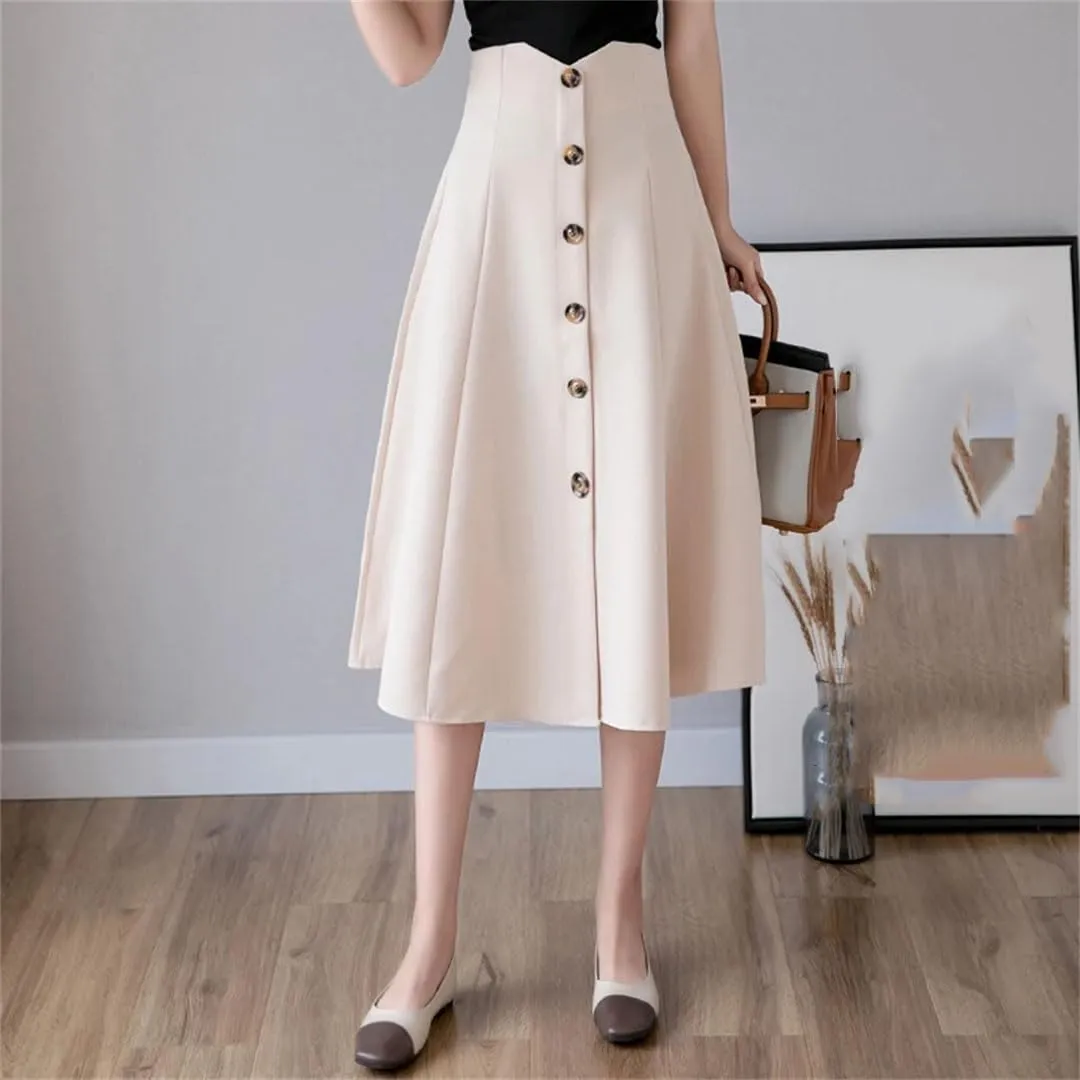 Women's Solid Elegant High Waist Office Lady Buttons Casual Loose Mid Skirts