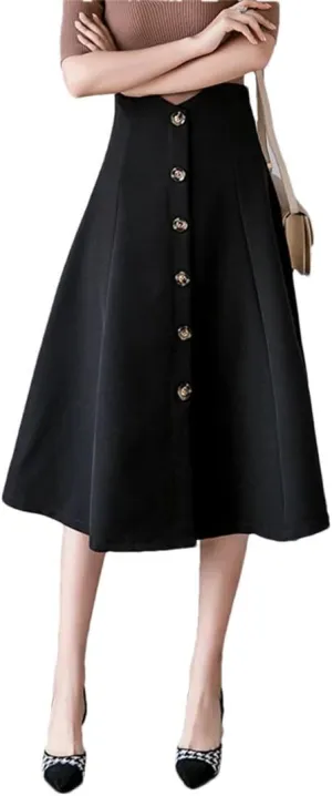 Women's Solid Elegant High Waist Office Lady Buttons Casual Loose Mid Skirts