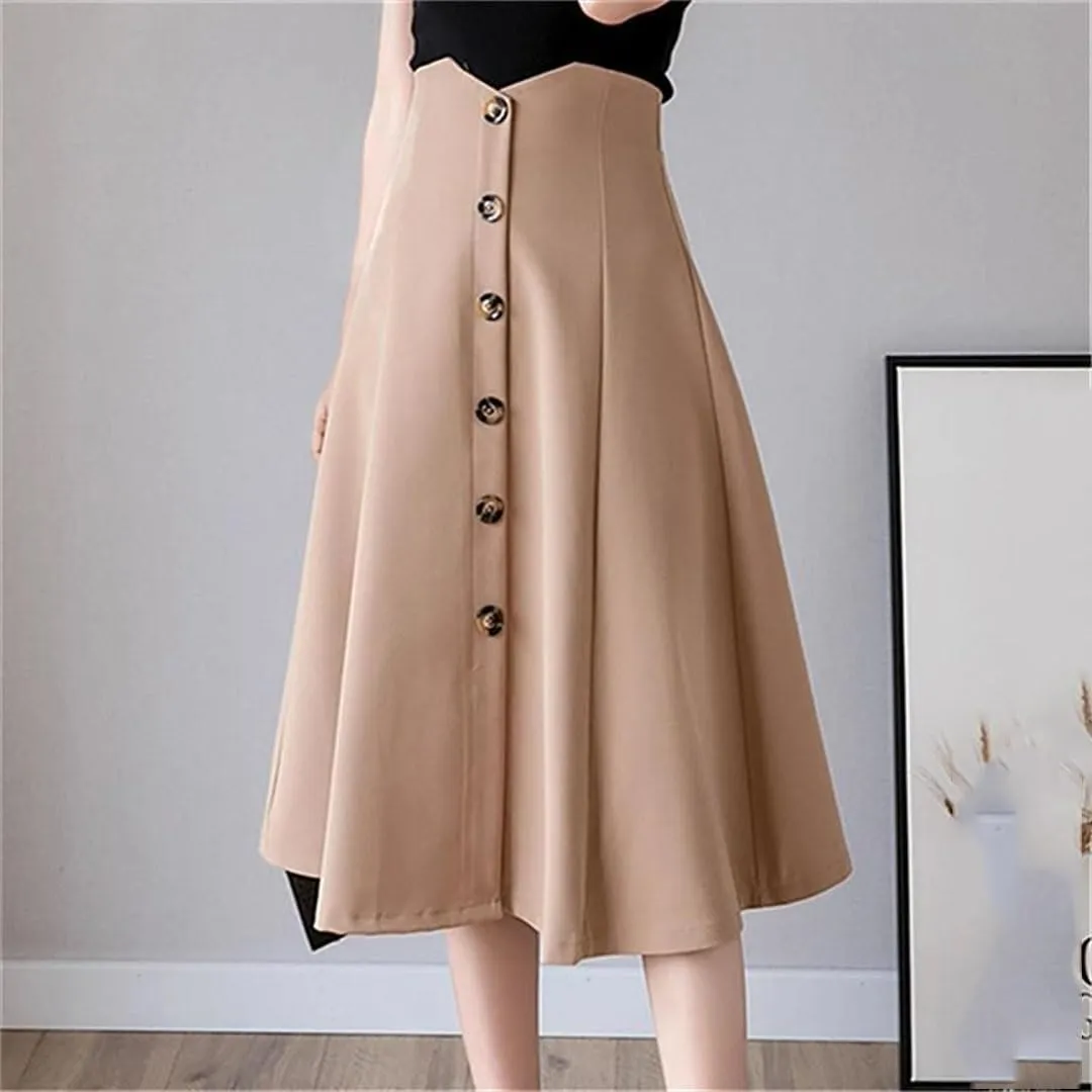 Women's Solid Elegant High Waist Office Lady Buttons Casual Loose Mid Skirts