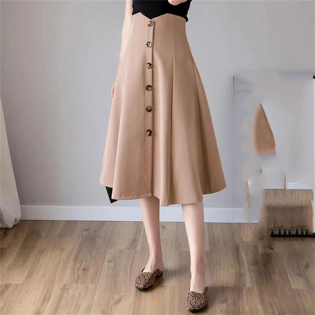 Women's Solid Elegant High Waist Office Lady Buttons Casual Loose Mid Skirts