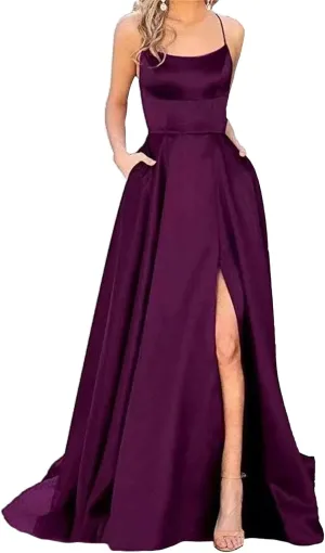 Women's Spaghetti Strap Solid Wedding Maxi Dress Elegant Split Hem Swing Dress Sleeveless Ruched Formal Dresses