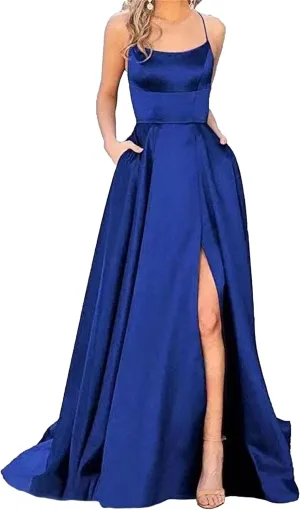 Women's Spaghetti Strap Solid Wedding Maxi Dress Elegant Split Hem Swing Dress Sleeveless Ruched Formal Dresses