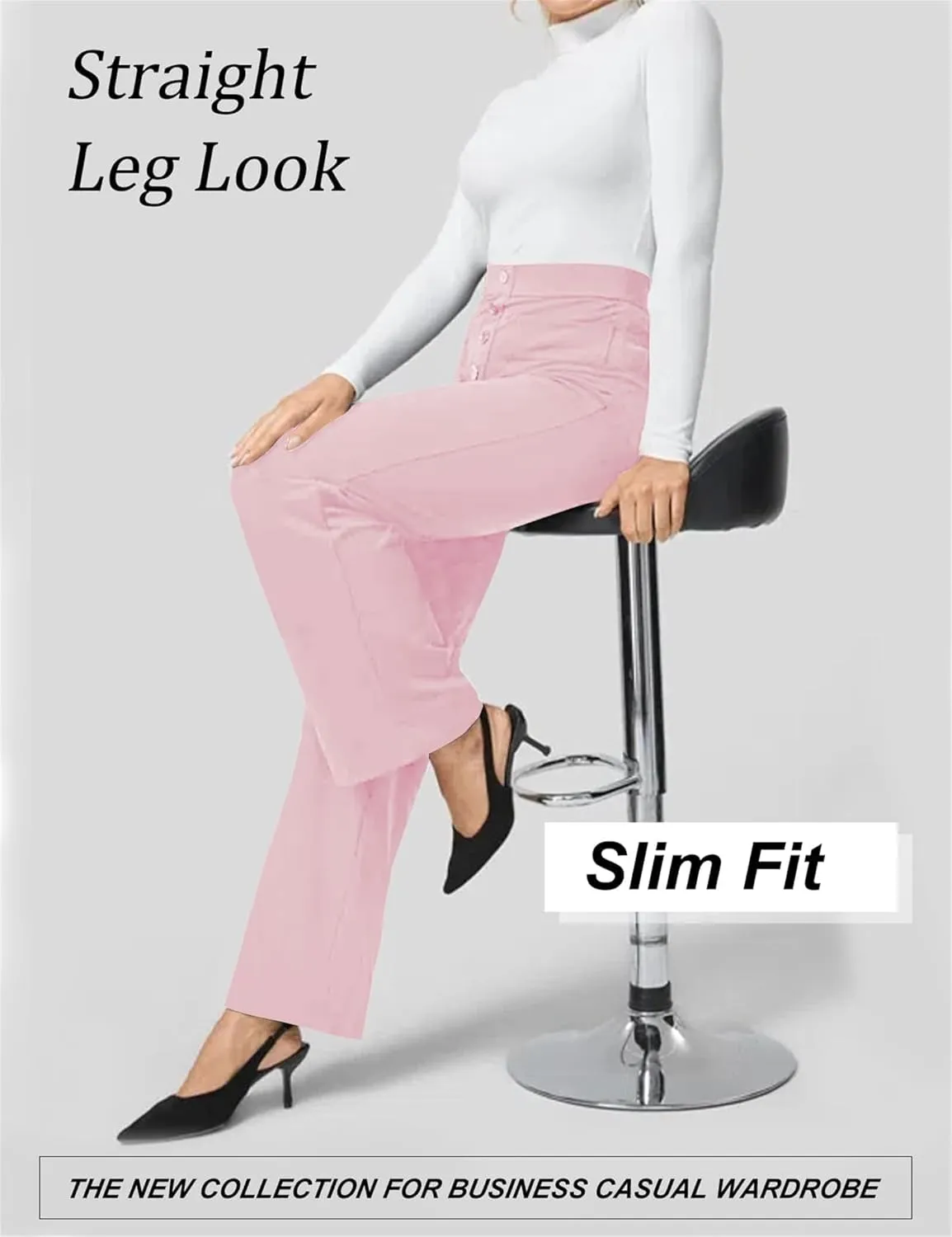 Women's Straight Leg Pants High Waisted Button Stretchy Business Work Casual Trousers with Pockets
