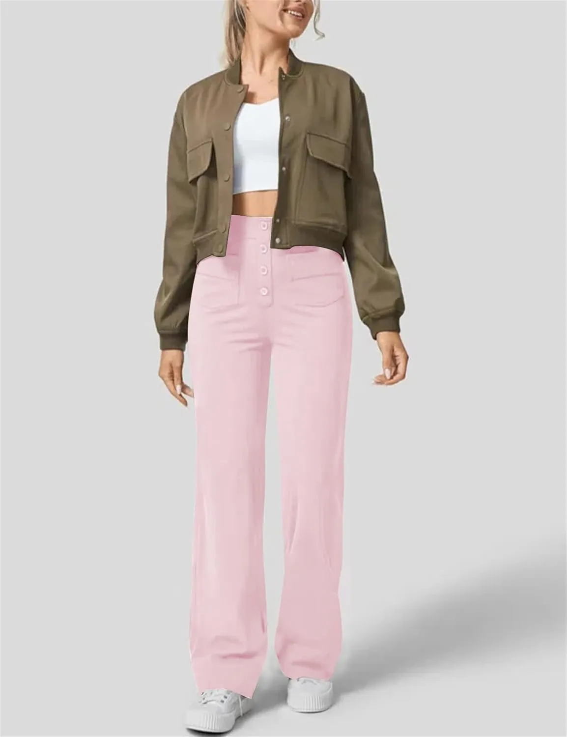 Women's Straight Leg Pants High Waisted Button Stretchy Business Work Casual Trousers with Pockets