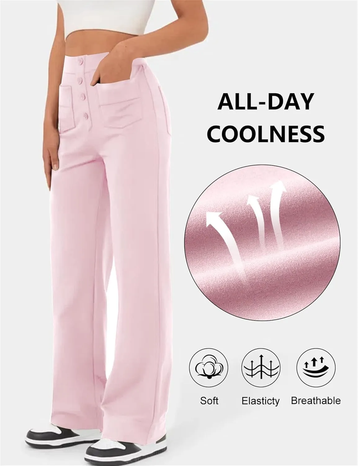 Women's Straight Leg Pants High Waisted Button Stretchy Business Work Casual Trousers with Pockets
