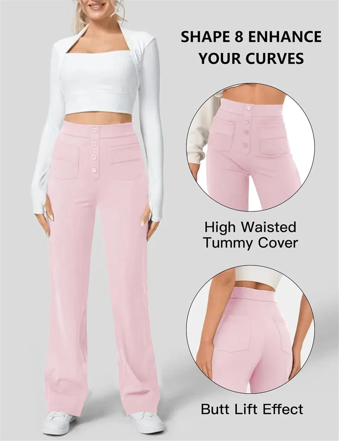 Women's Straight Leg Pants High Waisted Button Stretchy Business Work Casual Trousers with Pockets