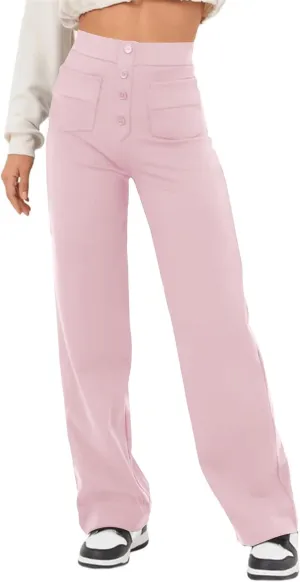Women's Straight Leg Pants High Waisted Button Stretchy Business Work Casual Trousers with Pockets