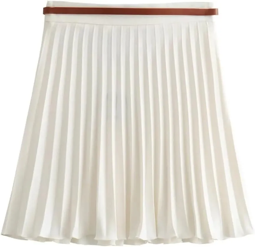 Women's Summer Pleated High Waist Mini Skirt with Belt Casual Elegant Skirt for Beach Party Holiday