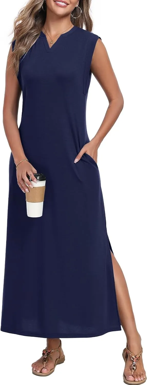 Women's Summer Slit Maxi Dress Casual V Neck Loose Long Dresses with Pockets(XS-3XL)
