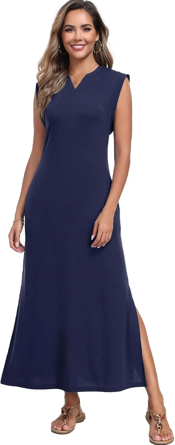 Women's Summer Slit Maxi Dress Casual V Neck Loose Long Dresses with Pockets(XS-3XL)