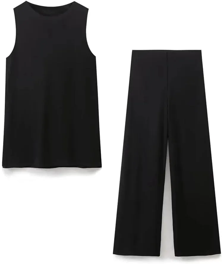 Womens Summer Vest 2-Piece Set Crew Neck Sleeveless Elastic Waist Loose Trousers