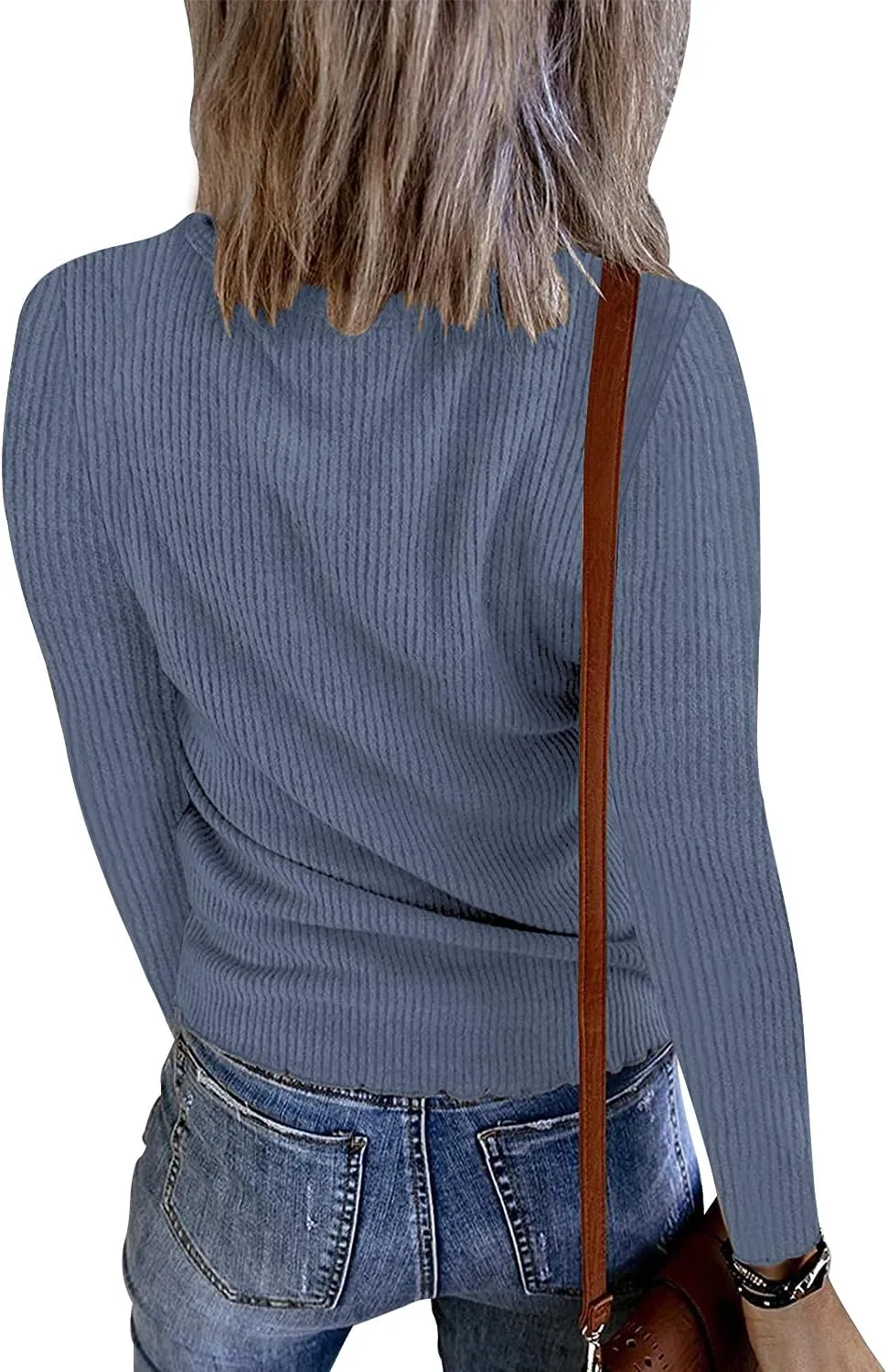 Women's V-neck Snaps Button Ribbed Knit Henley Tops Long Sleeve Basic Tunics Solid Slim-fit Casual Shirts