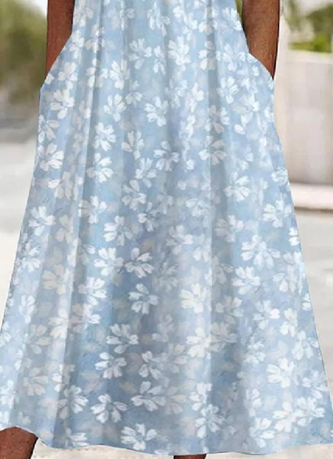 Women's White Floral Print Short Sleeve Wrap V-Neck Blue Midi Dress with Pockets Elegant 2025 Summer Fashion Clothes