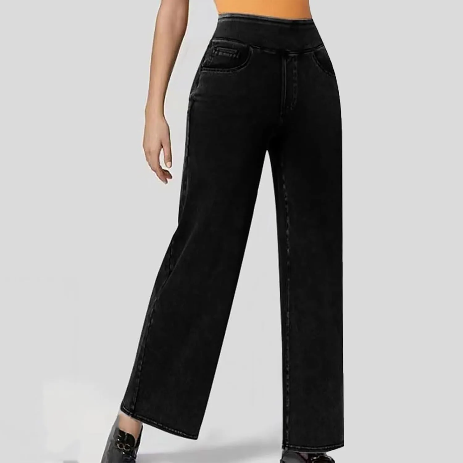 Womens Wide Leg Jeans High Waisted Stretchy Trendy Pull On Jeans Denim Elastic Waist Baggy Trouser Jean Dressy