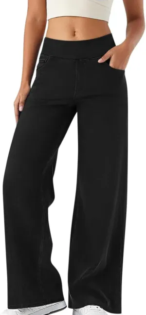 Womens Wide Leg Jeans High Waisted Stretchy Trendy Pull On Jeans Denim Elastic Waist Baggy Trouser Jean Dressy