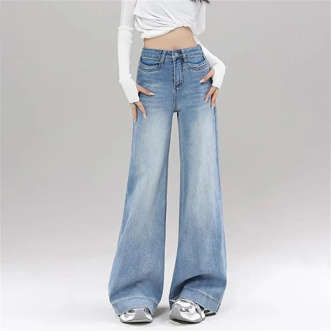 Women's Wide Leg Jeans Summer High Waist Stretch Lady Loose Bell Bottom Trousers