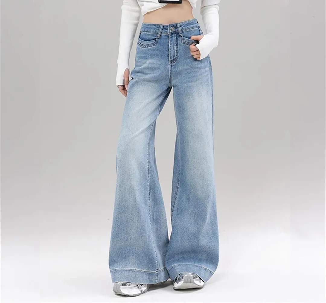 Women's Wide Leg Jeans Summer High Waist Stretch Lady Loose Bell Bottom Trousers