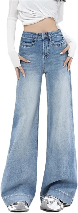 Women's Wide Leg Jeans Summer High Waist Stretch Lady Loose Bell Bottom Trousers