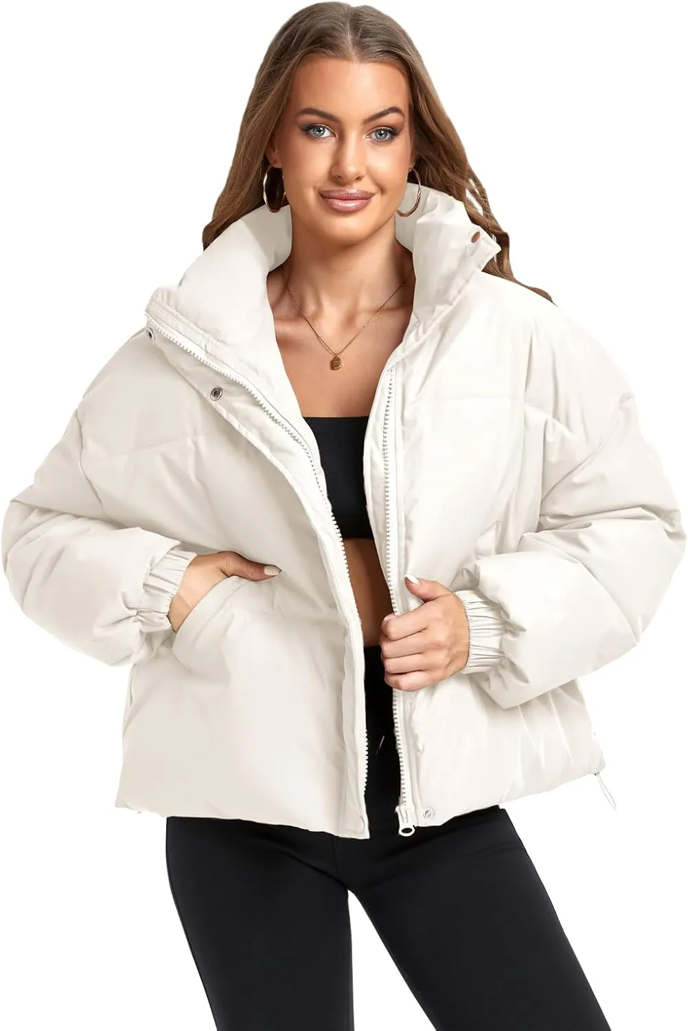Women's Winter Puffer Jacket Baggy Stand Collar Zip Quilted Padded Down Outwear Coat with Pockets
