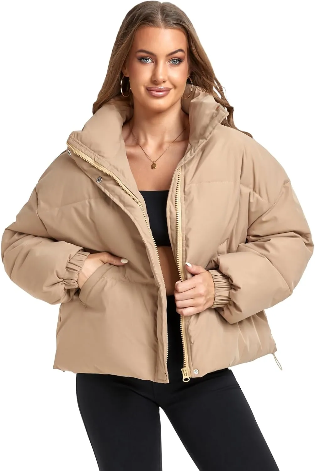 Women's Winter Puffer Jacket Baggy Stand Collar Zip Quilted Padded Down Outwear Coat with Pockets