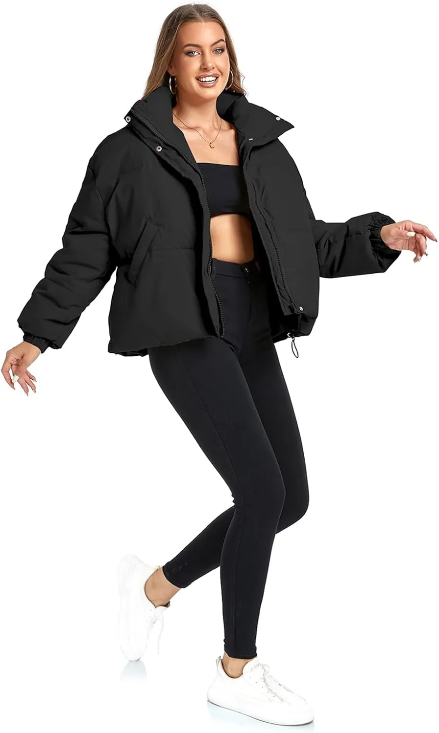 Women's Winter Puffer Jacket Baggy Stand Collar Zip Quilted Padded Down Outwear Coat with Pockets
