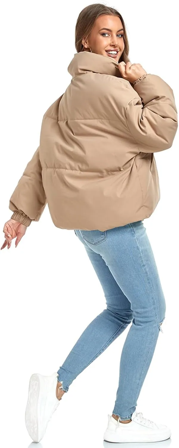 Women's Winter Puffer Jacket Baggy Stand Collar Zip Quilted Padded Down Outwear Coat with Pockets