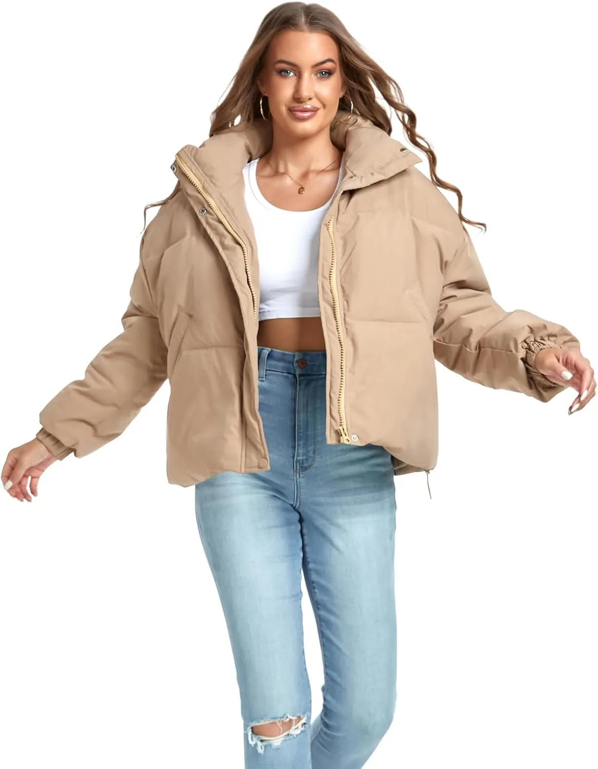 Women's Winter Puffer Jacket Baggy Stand Collar Zip Quilted Padded Down Outwear Coat with Pockets