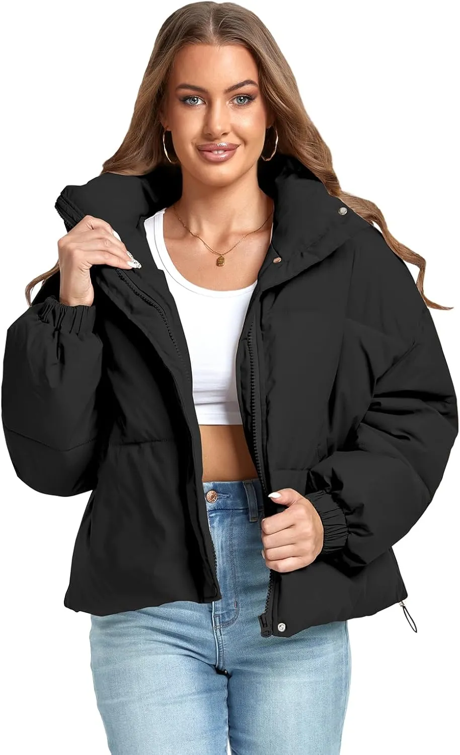 Women's Winter Puffer Jacket Baggy Stand Collar Zip Quilted Padded Down Outwear Coat with Pockets