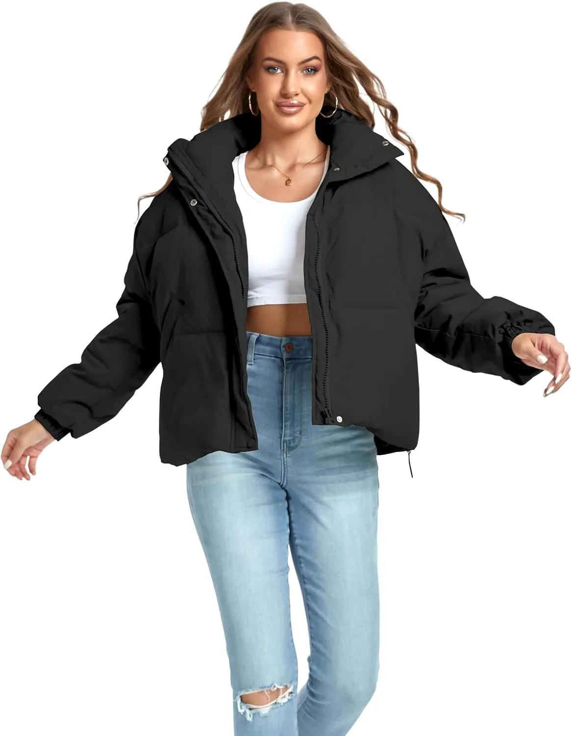Women's Winter Puffer Jacket Baggy Stand Collar Zip Quilted Padded Down Outwear Coat with Pockets