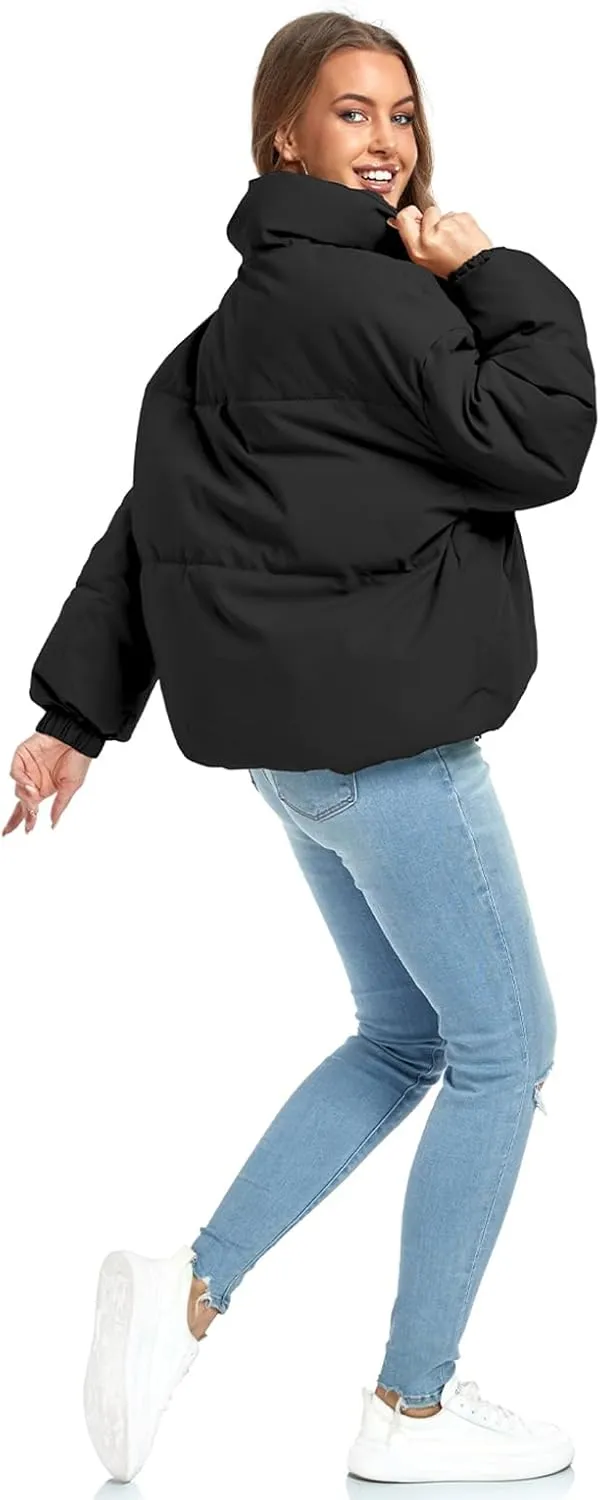 Women's Winter Puffer Jacket Baggy Stand Collar Zip Quilted Padded Down Outwear Coat with Pockets