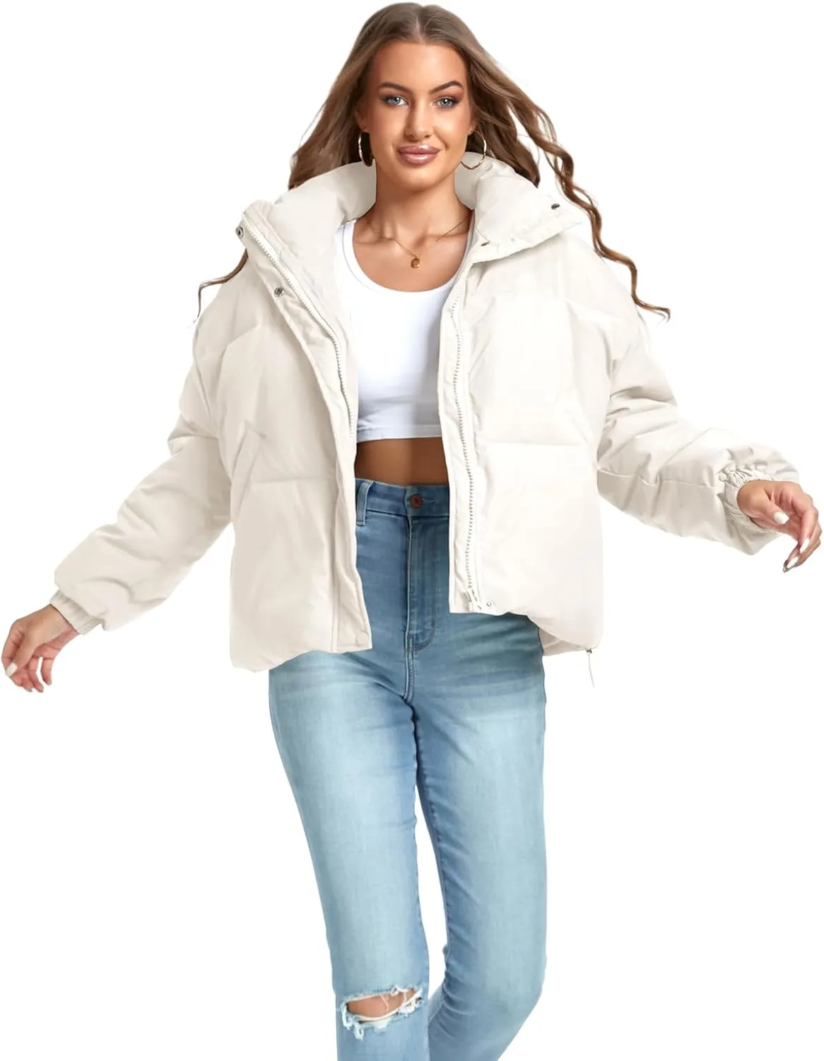Women's Winter Puffer Jacket Baggy Stand Collar Zip Quilted Padded Down Outwear Coat with Pockets