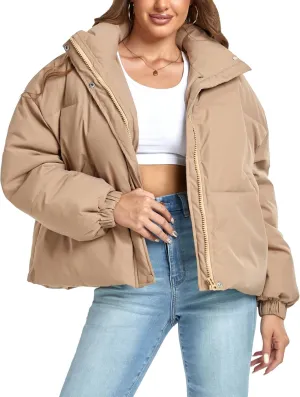 Women's Winter Puffer Jacket Baggy Stand Collar Zip Quilted Padded Down Outwear Coat with Pockets