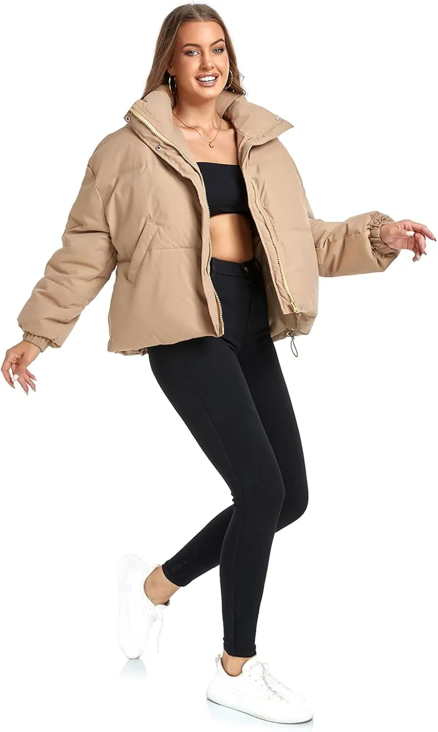 Women's Winter Puffer Jacket Baggy Stand Collar Zip Quilted Padded Down Outwear Coat with Pockets