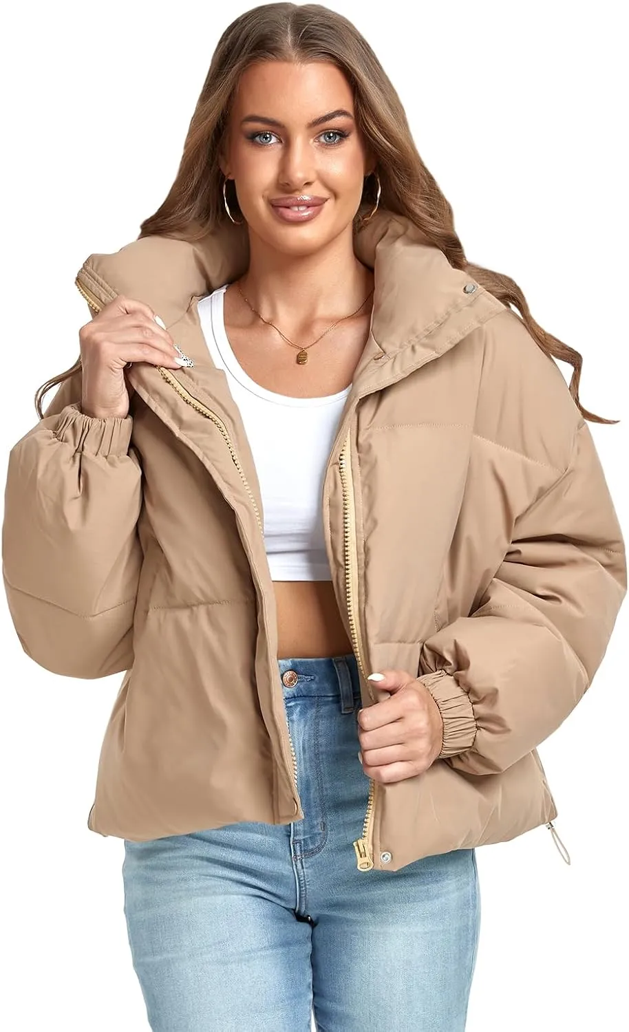 Women's Winter Puffer Jacket Baggy Stand Collar Zip Quilted Padded Down Outwear Coat with Pockets