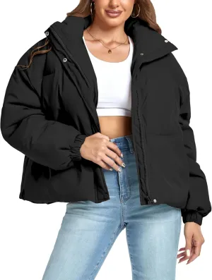 Women's Winter Puffer Jacket Baggy Stand Collar Zip Quilted Padded Down Outwear Coat with Pockets
