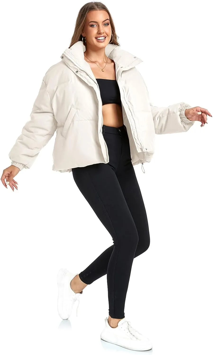 Women's Winter Puffer Jacket Baggy Stand Collar Zip Quilted Padded Down Outwear Coat with Pockets