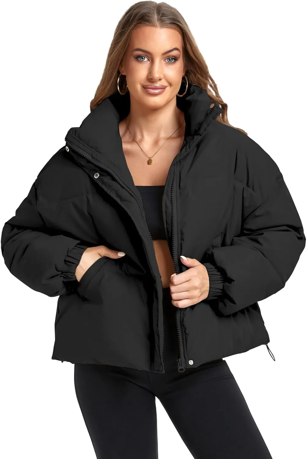 Women's Winter Puffer Jacket Baggy Stand Collar Zip Quilted Padded Down Outwear Coat with Pockets