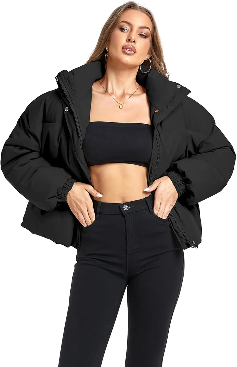 Women's Winter Puffer Jacket Baggy Stand Collar Zip Quilted Padded Down Outwear Coat with Pockets
