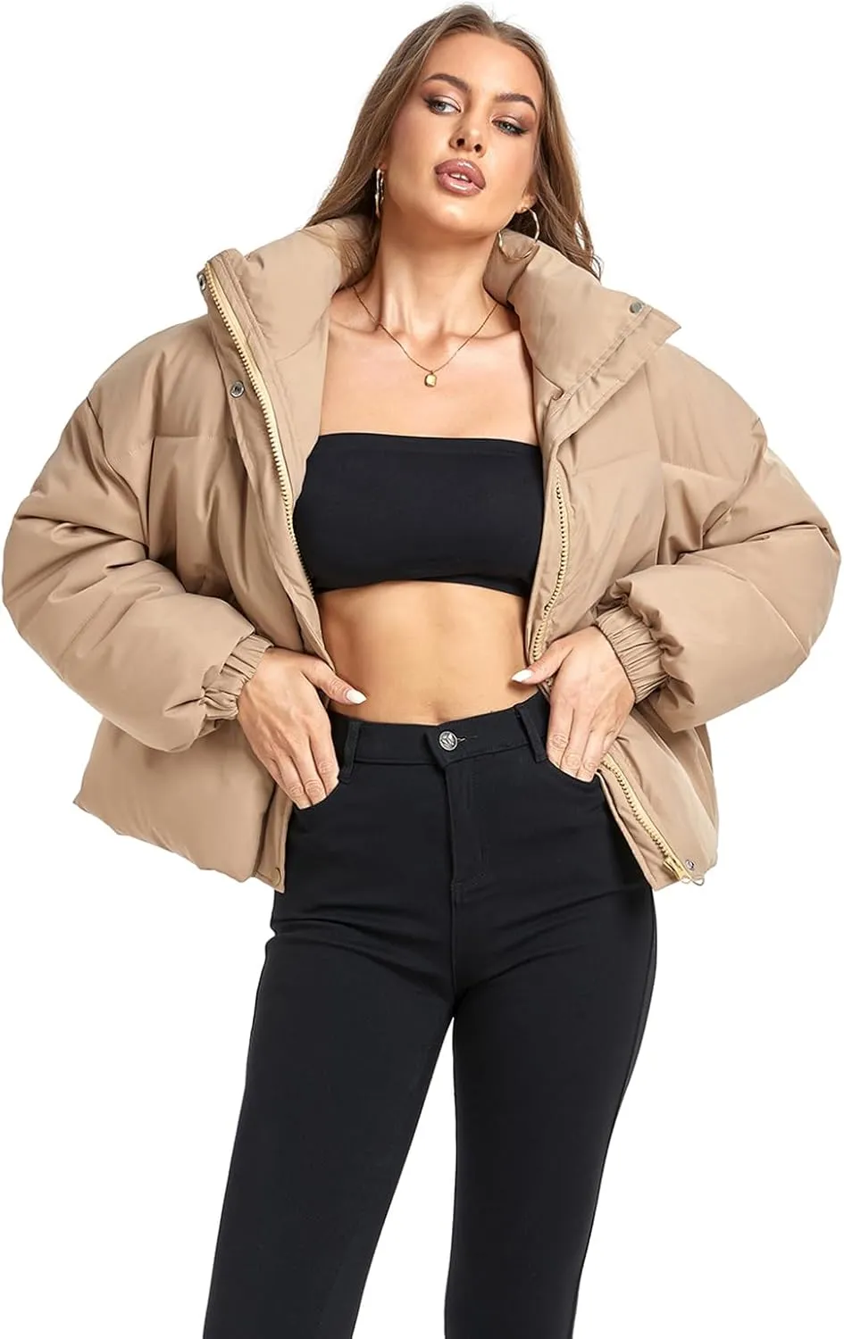Women's Winter Puffer Jacket Baggy Stand Collar Zip Quilted Padded Down Outwear Coat with Pockets