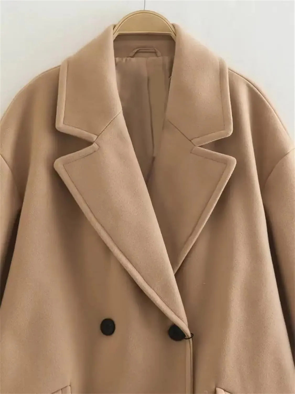 Women's Winter Warm Overcoat Fashion Notch Lapel Double Breasted Mid Long Wool Blend Trench Coat Jacket
