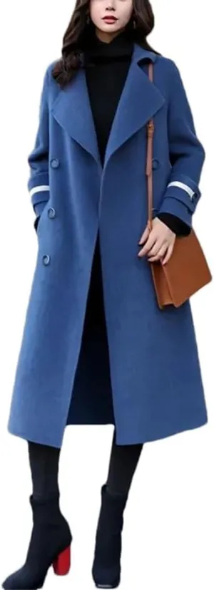 Women's Winter Warm Wool Blend Coat LApel Single Breasted Midi Windbreaker Jacket