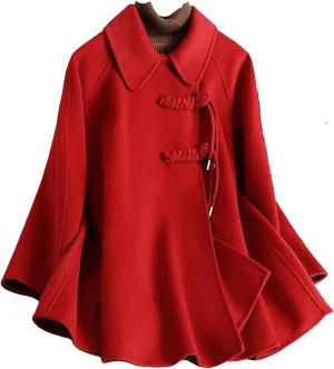 Women's Winter Wool Blend Coat Lapel Single Breasted Chinese Style Peacoat Loose Warm Coat Mid-Long Outerwear