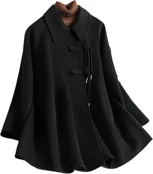 Women's Winter Wool Blend Coat Lapel Single Breasted Chinese Style Peacoat Loose Warm Coat Mid-Long Outerwear