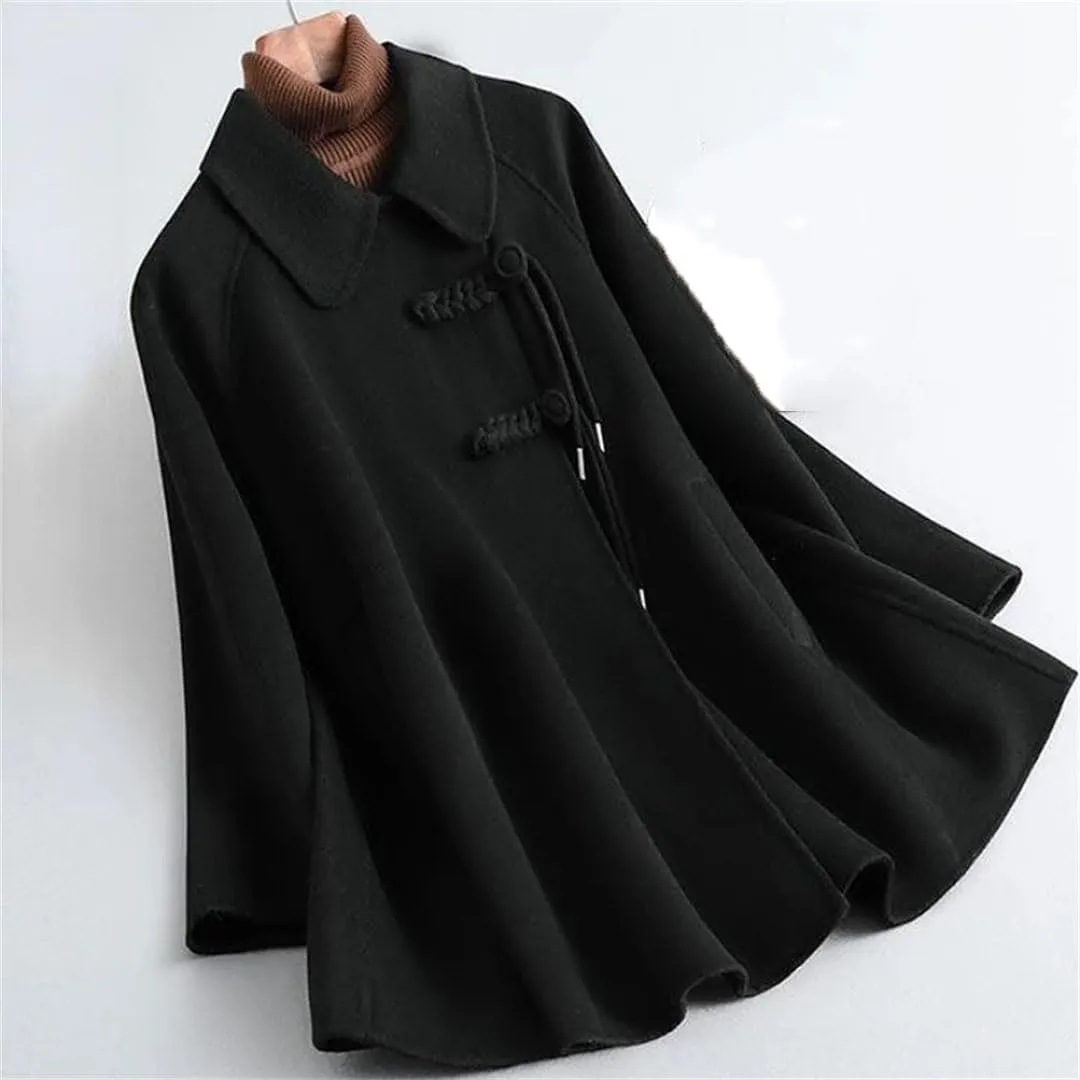 Women's Winter Wool Blend Coat Lapel Single Breasted Chinese Style Peacoat Loose Warm Coat Mid-Long Outerwear