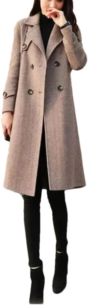 Women's Winter Wool Blend Coat Long LApel Double Breasted Coat Jacket